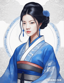 a painting of a woman in a blue kimono with a flower in her hair