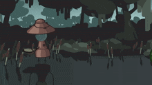 a green backpack is standing next to a lantern in the woods