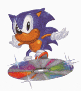 a cartoon of sonic the hedgehog holding a cd in his hands