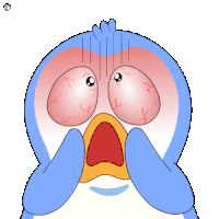a cartoon of a penguin with red eyes and the word no on its head