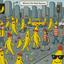 a bunch of bananas walking down a street with a sign that says " where 's the mad banana "