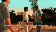a video game scene with the words we gotta get uniforms - and we 're gonna need a squad car