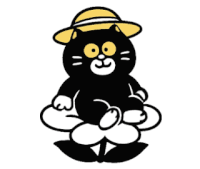 a black cat is wearing a yellow hat and sitting on a flower