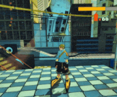 a video game shows a person standing on a checkered floor with a red x on the bottom right