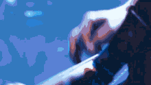 a person is using a tablet computer with a blue background