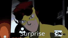 a cartoon character with surprise written on the bottom right