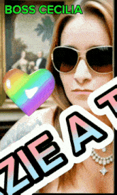 a picture of a woman wearing sunglasses with the name boss cecilia on the top