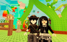 a boy and a girl are standing next to each other in a cartoon world