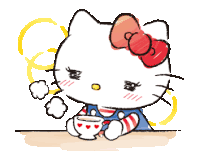 a cartoon drawing of hello kitty sitting at a table with a cup of coffee