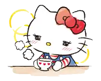 a cartoon drawing of hello kitty sitting at a table with a cup of coffee