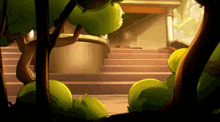 a cartoon drawing of a staircase with trees in the foreground
