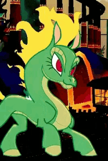 a green cartoon pony with a yellow mane is standing in front of a building