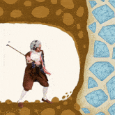 a cartoon of a man holding a cane in front of a wall of diamonds