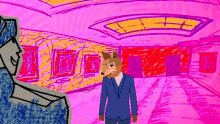 a cartoon of a man with a cat 's head standing in a hallway