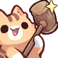 a cartoon cat is holding a wooden hammer with a star on it