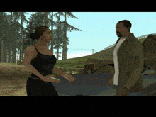 a man and a woman are standing next to each other in a video game scene