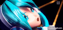 a close up of a cartoon character with blue hair and blue eyes