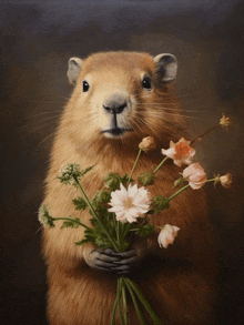 a painting of a mouse holding a bouquet of flowers
