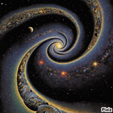 a painting of a spiral galaxy with pixiz written on the bottom right