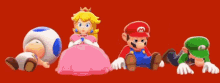mario , princess peach , toad and luigi are sitting on the ground on a red background