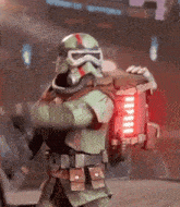 a storm trooper is holding a red backpack with a light on it