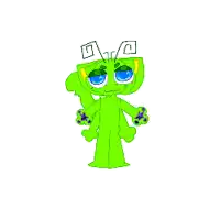 a cartoon of a green frog with blue eyes and a controller on its head .