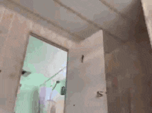 a bathroom with a green shower curtain and a white door open .