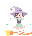 a witch is sitting on the ground with a broom and leaves .