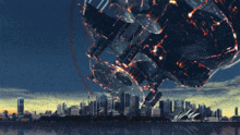 a city skyline with a large object in the sky above it