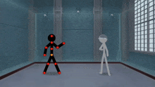 a stick figure with red dots on it 's legs stands in a room with another stick figure