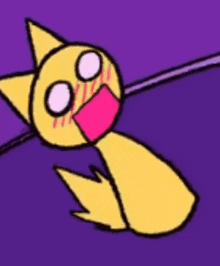 a yellow cartoon cat with a surprised look on its face is laying on a purple surface .