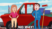 a cartoon of a man holding a paint roller and a woman standing next to a red truck that says no way on it