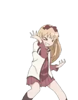 a girl in a pink skirt and white jacket is giving the middle finger