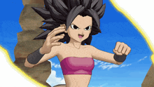 a cartoon character with black hair and a pink top stands in front of a blue sky