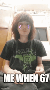 a boy wearing a shirt that says me when 67 on it