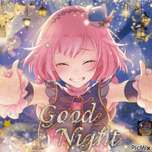 a pink haired anime girl says good night
