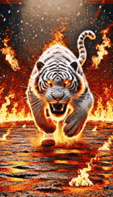 a white tiger is running through a fire filled room