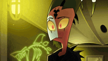 a cartoon character is looking at a neon sign that says ' la ' on it