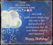 a birthday card for tasia with balloons and a birthday cake