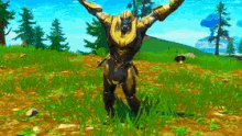 a statue of thanos is standing in a field of grass with his arms outstretched .