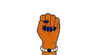 a woman 's hand with blue nails and a pearl bracelet shows the letter z