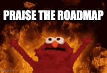 elmo is standing in front of a fire with the words praise the roadmap written below him