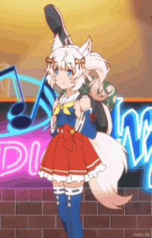 a fox girl is standing in front of a neon sign that says " div "