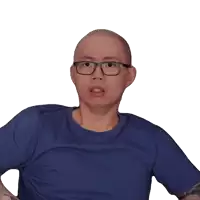 a man wearing glasses and a blue shirt with the word no on it