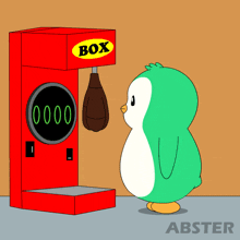 a green penguin is standing in front of a box machine