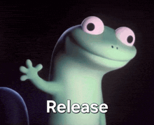 a cartoon lizard with pink eyes and the words release below it