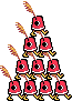 a cartoon illustration of a pyramid made of red hats with feathers .