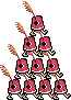 a cartoon illustration of a pyramid made of red hats with feathers .