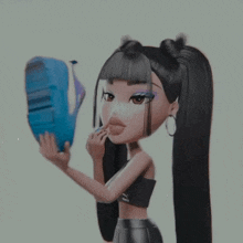a cartoon girl is applying makeup to her face