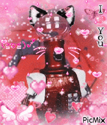 a picture of a cat surrounded by pink hearts and butterflies with the words i love you on the bottom